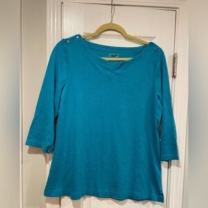 L.L. Bean Size L Teal Blue 3/4 Sleeve Mid-weight Cotton Button Shoulder Shirt